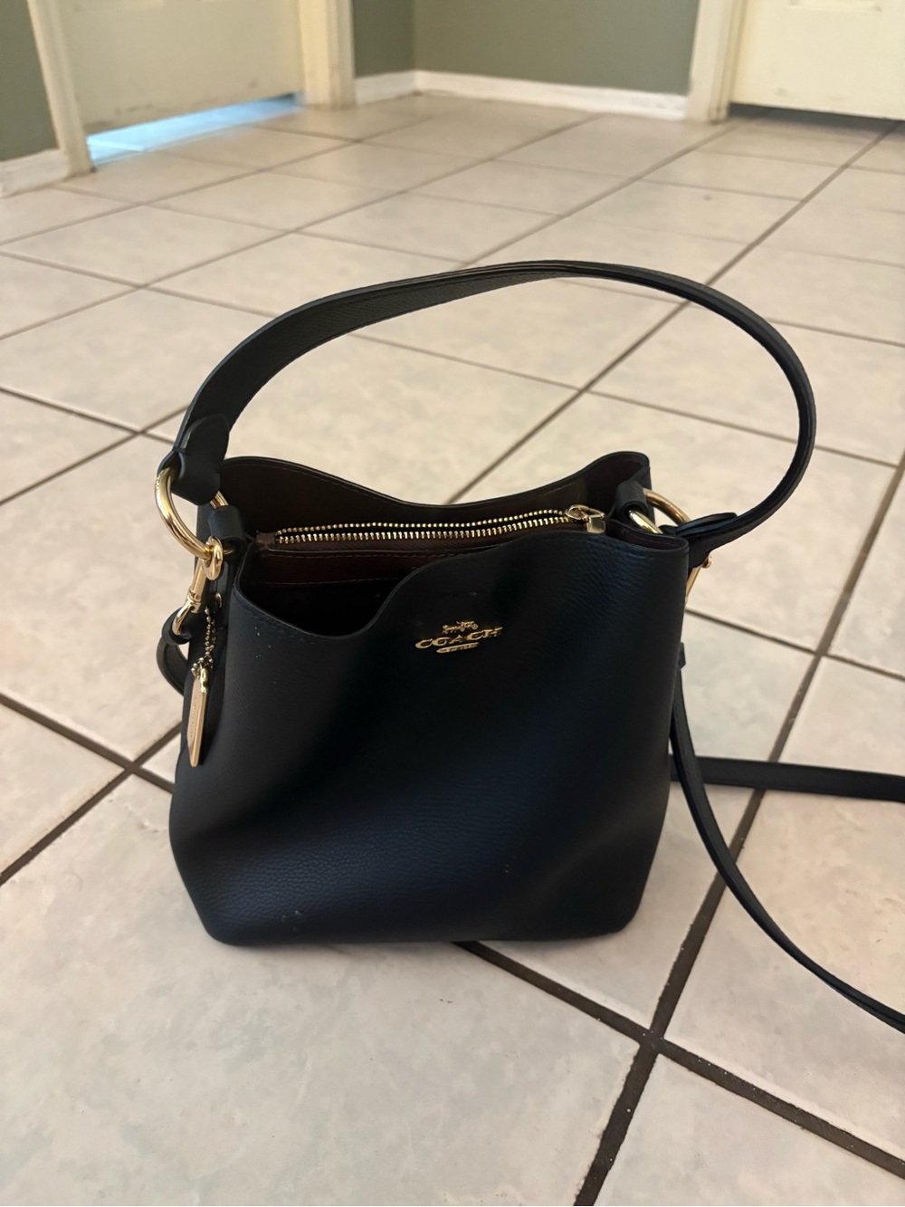 Coach Black Pebbled Leather Shoulder Bucket Bag with Gold Hardware